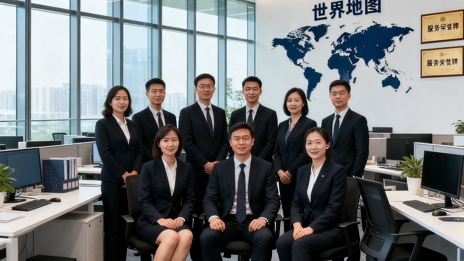 银河贵宾汇北京总部核心团队在开放式办公区合影，十几位专业顾问身着深色商务正装，背景为落地玻璃窗和现代化办公设备，墙上悬挂世界地图和服务荣誉牌，展现国际化团队风貌