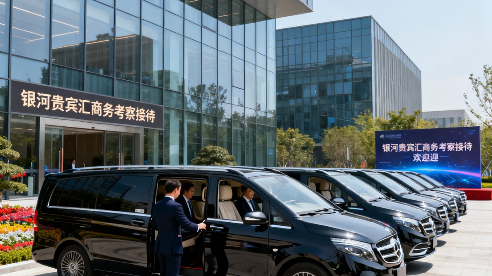 银河贵宾汇商务考察接待服务：一列黑色高档商务车整齐停放在科技园区总部大楼前，礼宾专员正在为外宾打开车门，背景是玻璃幕墙的现代建筑和精心布置的欢迎标识